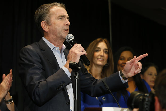 Virginia Gov. Ralph Northam speaks to supporters at a Democratic election party in Richmond, Va., Tuesday, Nov. 5, 2019. All seats in the Virginia House of Delegates and State Senate are up for election. (AP Photo/Steve Helber)