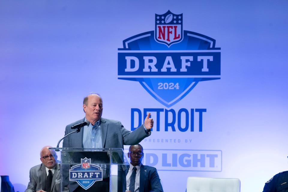 Detroit Mayor Mike Duggan takes the stage as Detroit Sports Commission and Visit Detroit during a news conference at Ford Field on Monday, Nov. 27, 2023. Today marks 150 days until the 2024 NFL Draft that will take place in Detroit April 25-27, 2024.