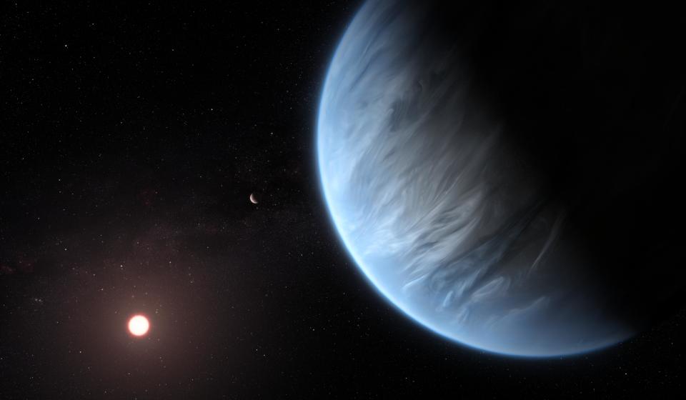 Artist's impression shows a half-illuminated blue planet with swirling white streaks across the atmosphere and a small yellow orange star in the distance to the left of the image.