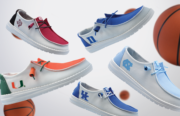 HEYDUDE’s newest Collegiate Collection Wendy shoes feature school logos and colorblocked uppers.<cite>Courtesy of HEYDUDE</cite>