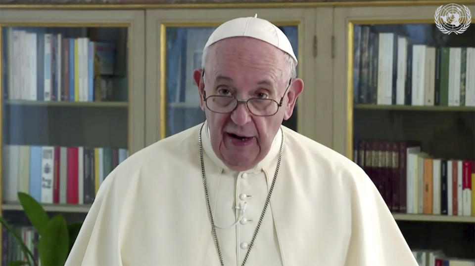 In this image made from UNTV video, Pope Francis speaks in a pre-recorded message which was played during the 75th session of the United Nations General Assembly, Friday, Sept. 25, 2020, at UN headquarters, in New York. (UNTV via AP)