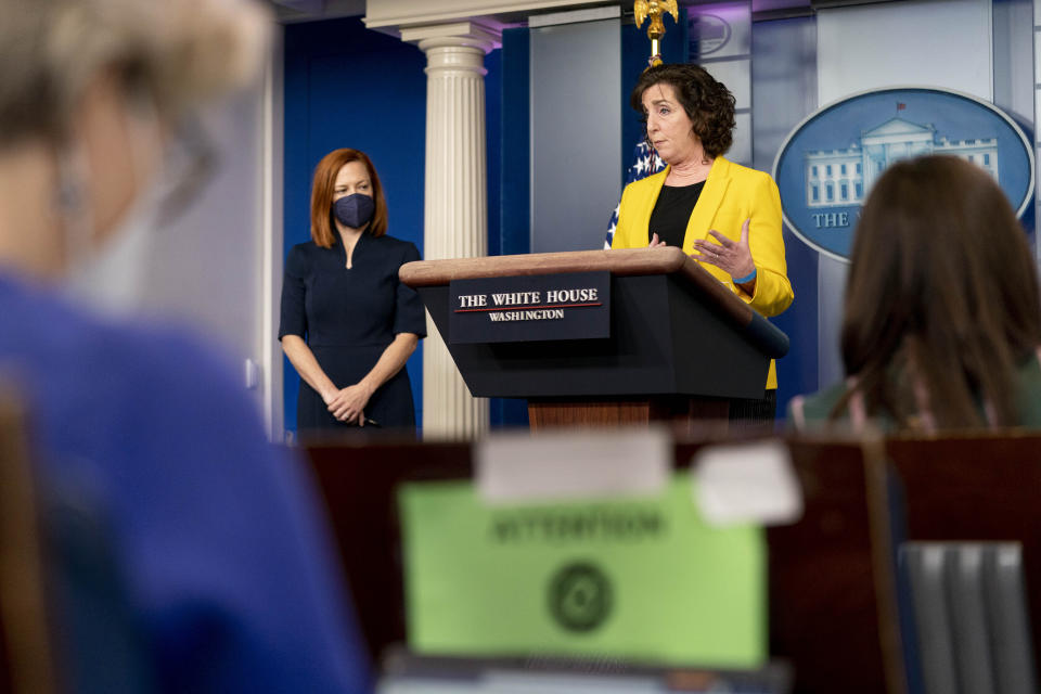 National Security Council Coordinator for U.S. Southern Border Roberta Jacobson, accompanied by White House press secretary Jen Psaki, left, speaks at a press briefing at the White House, Wednesday, March 10, 2021, in Washington. (AP Photo/Andrew Harnik)