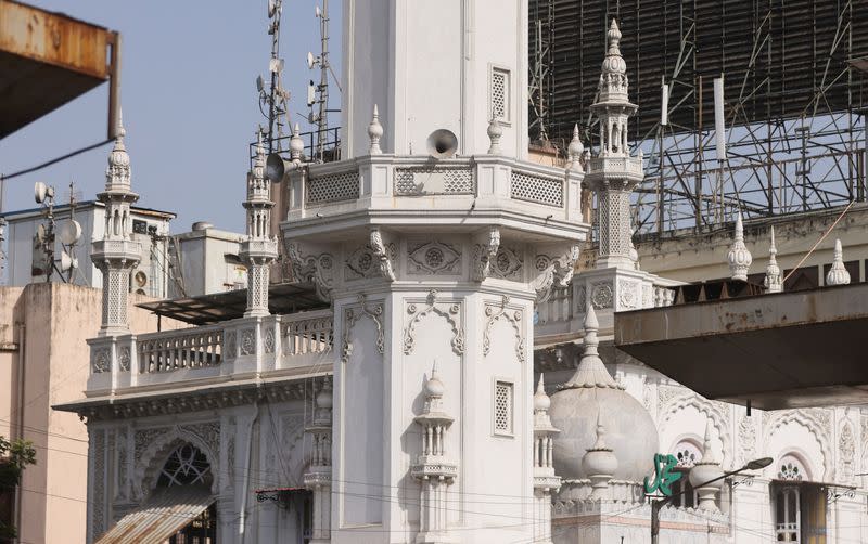 Loud speakers are seen at the Jama Masjid in Mumbai
