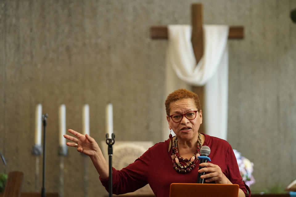 Julianne Malveaux, an economist, author, and dean of the College of Ethnic Studies at California State University, Los Angeles, addresses survivors and descendants of Palm Springs Section 14 gathered at the United Methodist Church in Palm Springs, Calif., Sunday, April 16, 2023. Black and Latino Californians who were displaced from their Section 14 neighborhood in Palm Springs allege the city pushed them out by hiring contractors to destroy homes in an area that was tight-knit and full of diversity. (AP Photo/Damian Dovarganes)
