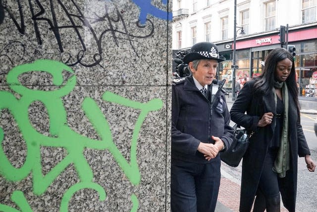 Dame Cressida Dick with Sherifa Carr, from Lambeth’s Independent Advisory Group, during a walkabout in Brixton