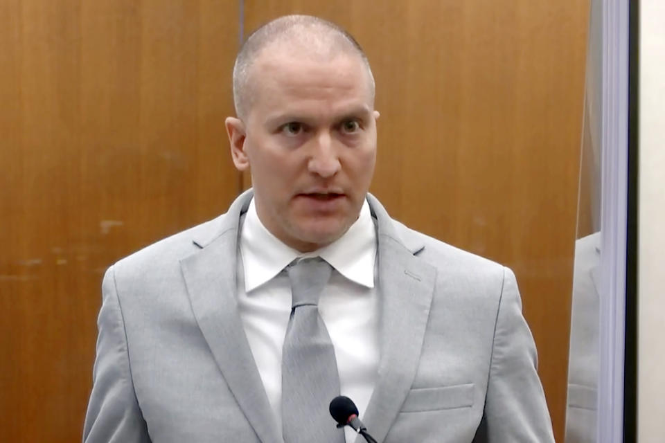 FILE - In this image taken from video, former Minneapolis police Officer Derek Chauvin addresses the court as Hennepin County Judge PeterCahill presides over Chauvin's sentencing at the Hennepin County Courthouse in Minneapolis June 25, 2021. Chauvin, serving time for the 2020 murder of George Floyd, pleaded guilty to two counts of tax evasion on Friday, March 17, 2023. (Court TV via AP, Pool, File)