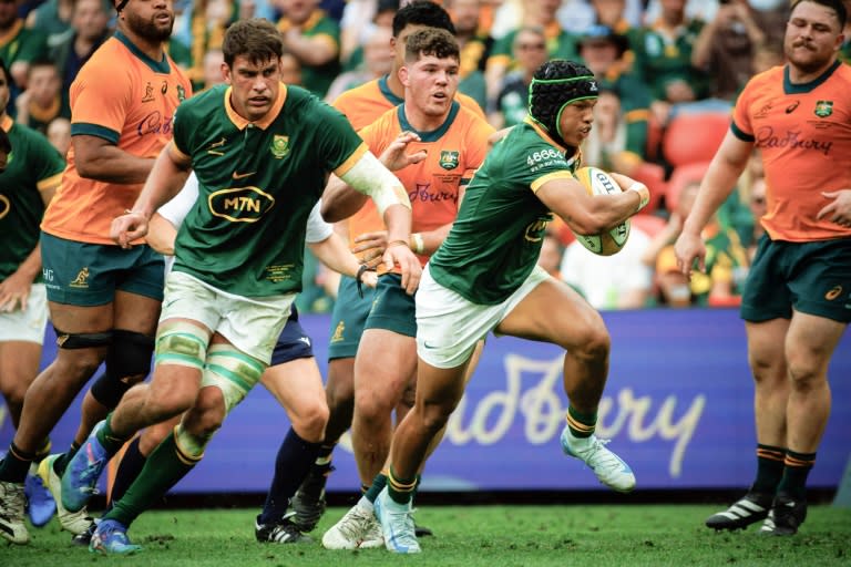 Cheslin Kolbe (centre) is one of only five starters from Brisbane who will start the Test against Australia in Perth (Patrick HAMILTON)