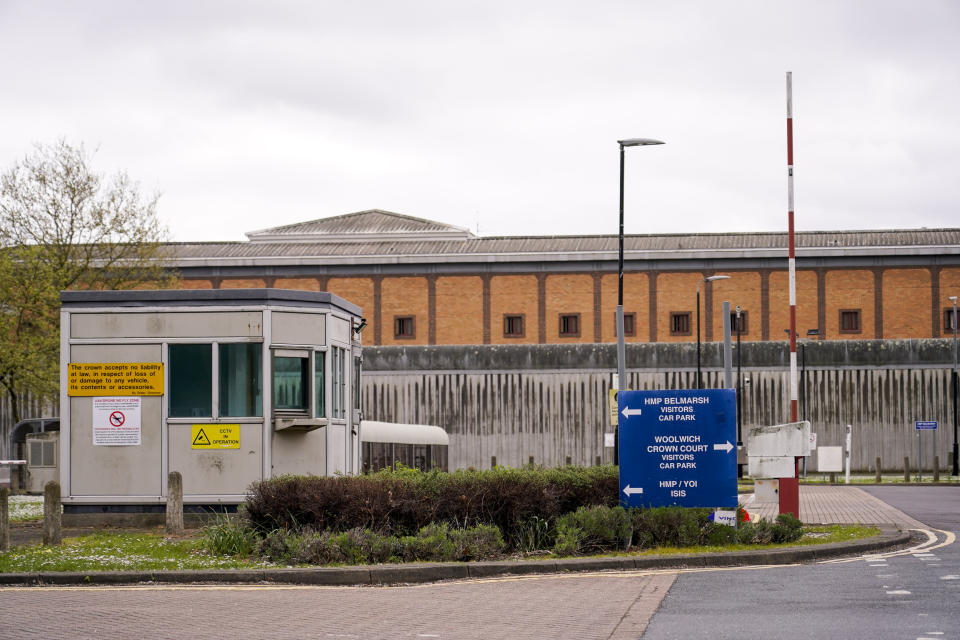 The entrance of Belmarsh prison, where Wikileaks founder Julian Assange is detained, is photographed in London, Thursday, April 11, 2024, as today marks five years since his arrest from the Ecuadorian embassy. (AP Photo/Alberto Pezzali)