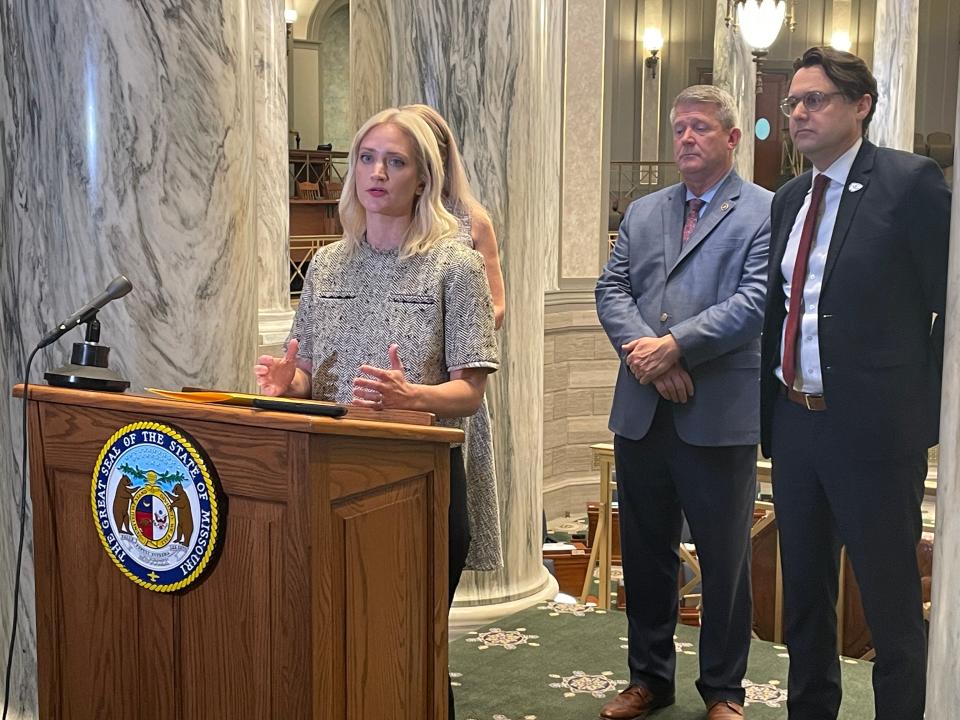 State Sen. Lauren Arthur, D-Kansas City, speaks to reporters on Feb. 8, 2024.