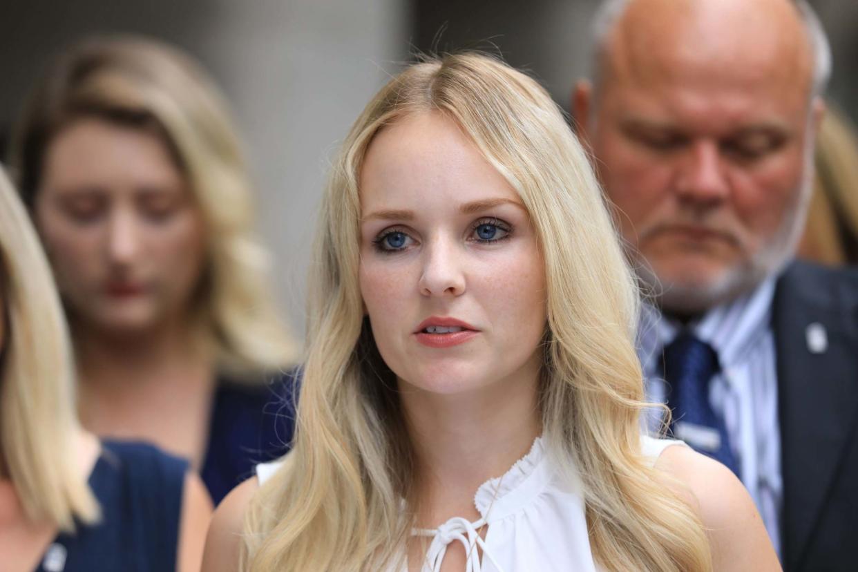 Lissie Harper, the widow of Pc Andrew Harper, speaks to the media outside the Old Bailey: PA