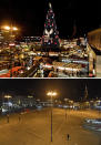 This combination image shows a file photo dated Monday, Dec. 17, 2018, of the square with the traditional Christmas Market in Dortmund, Germany, top, and the square on Monday, Nov. 23, 2020 , below. Christmas markets, a cherished tradition in Germany and neighboring countries, have joined the long list of institutions canceled or diminished because of the coronavirus pandemic this year. (AP Photo/Martin Meissner)