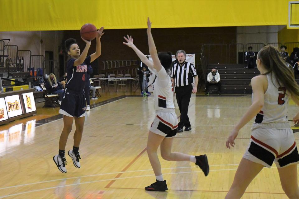 Medford Tech junior Jada Jacobs elevates for a 3-pointer against Kingsway