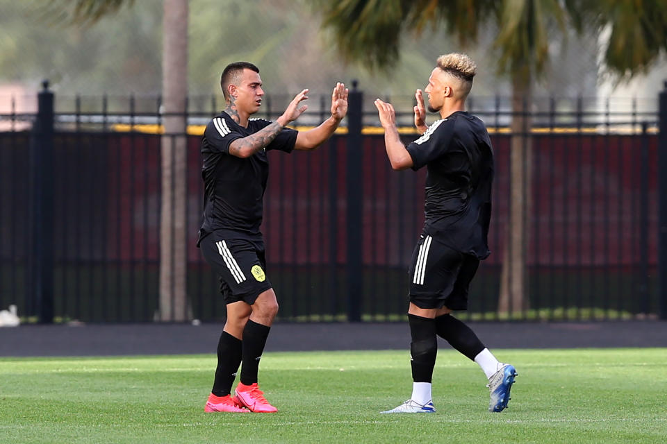 Randall Leal (left), Hany Mukhtar and Nashville SC will open their season on Saturday against regional rivals Atlanta United. (Photo by Cliff Welch/Icon Sportswire via Getty Images)