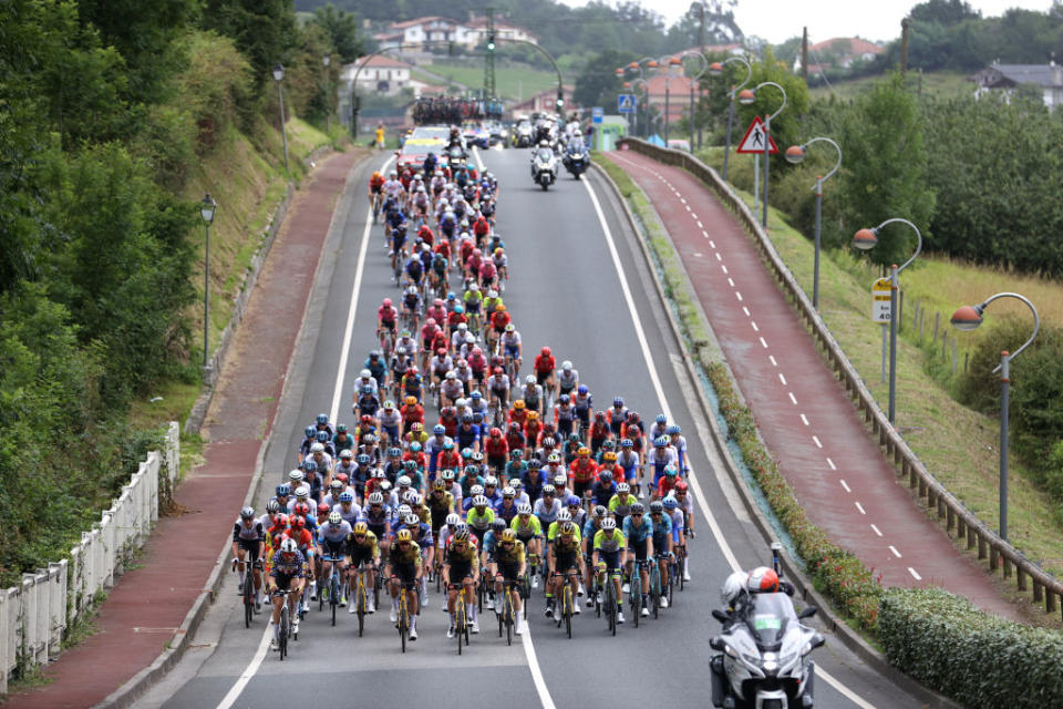 BILBAO SPAIN  JULY 01 A general view of the peloton competing during the stage one of the 110th Tour de France 2023 a 182km stage from Bilbao to Bilbao  UCIWT  on July 01 2023 in Bilbao Spain Photo by Michael SteeleGetty Images