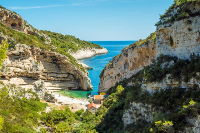 Idyllic view of rocky mountains at Stiniva beach