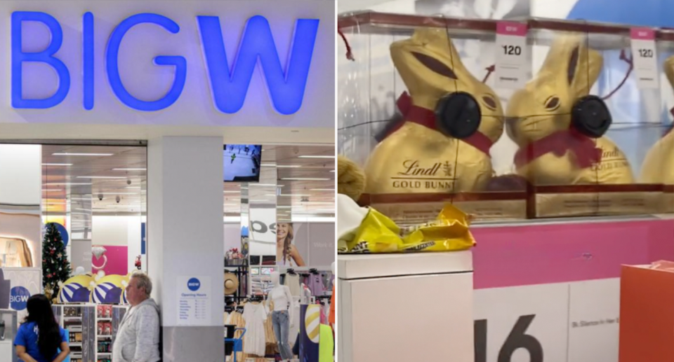 Left, Big W store front. Right, two Lindt chocolate bunnies face each other near the checkout on the shelf. 