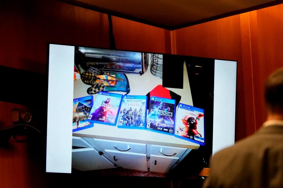 PHOTO: In a frame grab from video, video games of Ethan Crumbley are seen photographed in his bedroom during the trial for James Crumbley, the father of a Michigan school shooter, March 12, 2024 in Pontiac, Mich. (Carlos Osorio/AP, POOL)