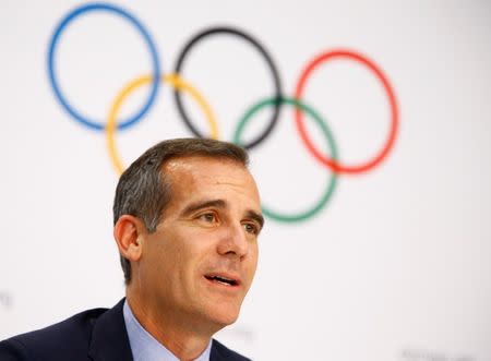 Mayor of Los Angeles Eric Garcetti attends the press conference after the voting during the International Olympic Committee (IOC) extraordinary session in Lausanne, Switzerland July 11, 2017. REUTERS/Pierre Albouy - RTX3B0TI