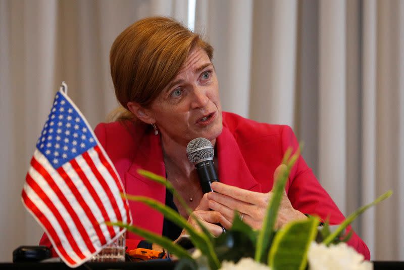 Samantha Power, la administradora de la Agencia de Estados Unidos para el Desarrollo Internacional (USAID), habla durante una conferencia de prensa de la delegación presidencial de Estados Unidos para la toma de posesión del presidente colombiano Gustavo Petro, en Bogotá