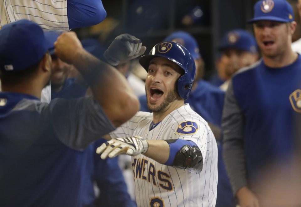 Milwaukee Brewers' slugger Ryan Braun celebrates his go-ahead home run after the Tigers. (AP)
