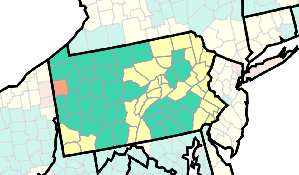 This map of Pennsylvania from the U.S. Centers for Disease Control and Prevention shows COVID-19 community level by county as of Dec. 1, 2022. The orange signifies a high level, the yellow a medium and the green a low.