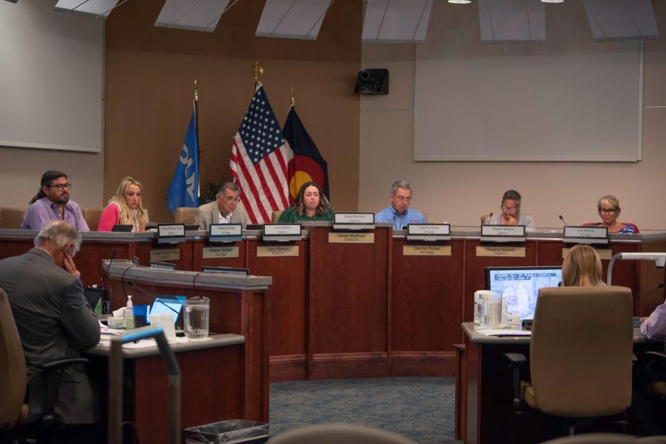 Pueblo city councilors listen to a presentation during a council meeting on Monday, October 16, 2023.