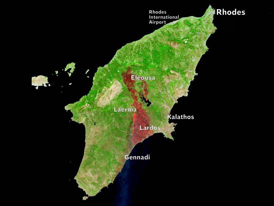 A satellite image shows the area affected by wildfires in Rhodes (Reuters)