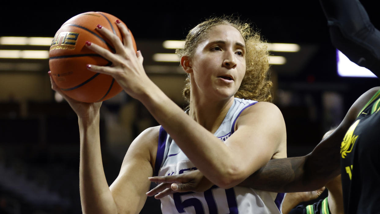 Kansas State center Ayoka Lee during an NCAA basketball game on Saturday, Dec. 18, 2021 in Manhattan, Kan. (AP Photo/Colin E. Braley)