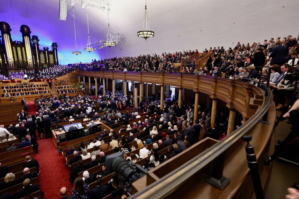 People gather before the funeral for President M. Russell Ballard of The Church of Jesus Christ of Latter-day Saints at the Tabernacle in Salt Lake City on Friday, Nov. 17, 2023. | Jeffrey D. Allred, Deseret News