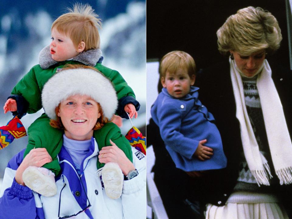 On the left, Sarah, Duchess of York, carries her daughter Eugenie on her shoulders in a 1992 photo; on the right, the late Diana, Princess of Wales, holds her son Harry in a 1986 photo. Eugenie and Harry are cousins.