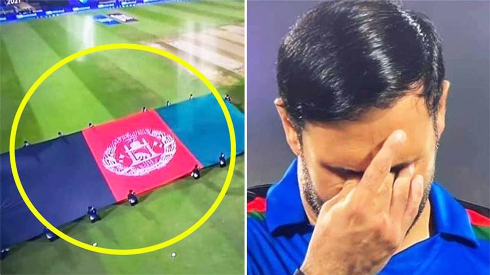 Mohammad Nabi (pictured right) crying during the national anthem and the Afghanistan's national flag raised at the T20 World Cup.