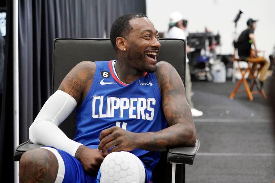 Los Angeles Clippers guard John Wall fields questions during the team’s media day Monday.