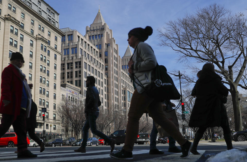 The One Franklin Square Building, home of The Washington Post newspaper, in downtown Washington, Thursday, Feb. 21, 2019. The Kentucky teen at the heart of an encounter last month with a Native American activist at the Lincoln Memorial in Washington is suing The Washington Post for $250 million, alleging the newspaper falsely labeled him a racist. His attorneys are threatening numerous other news organizations, including The Associated Press. (AP Photo/Pablo Martinez Monsivais)