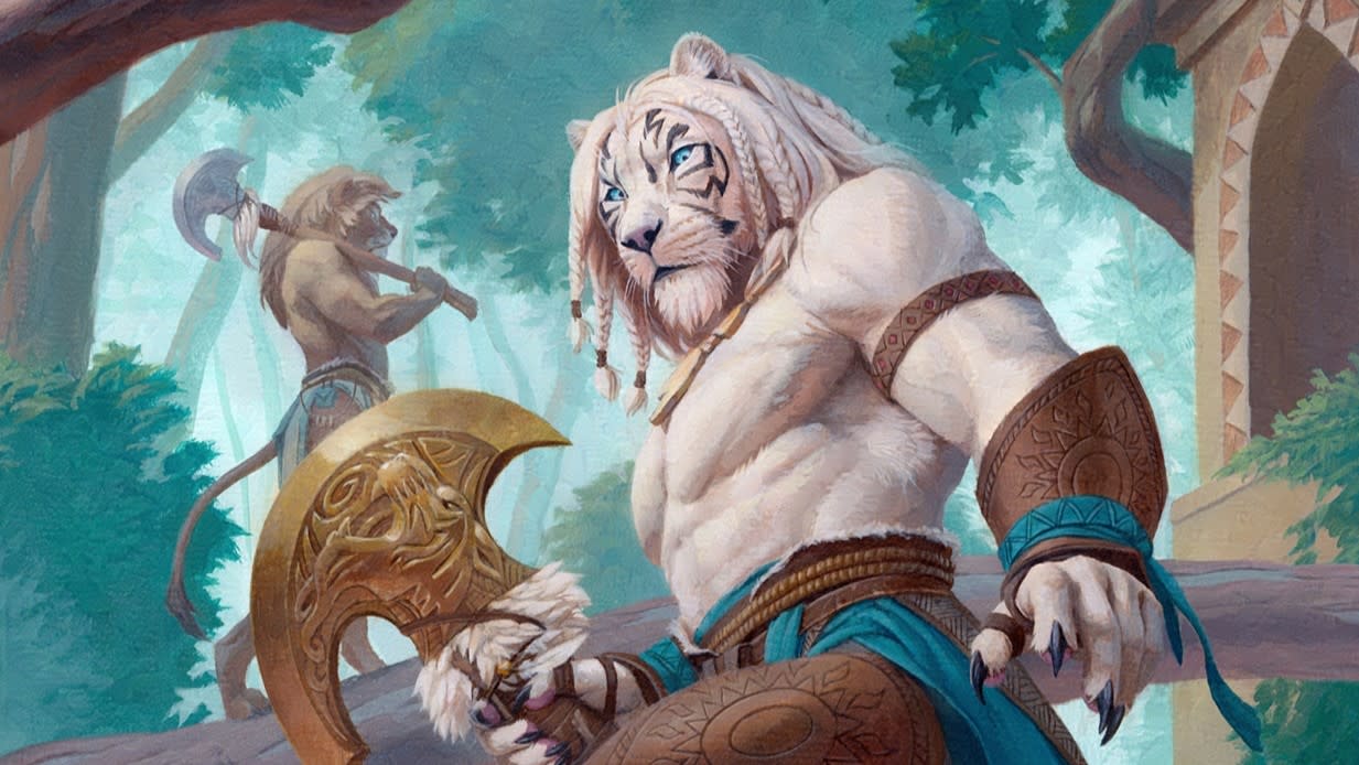  Traditional painting of a muscular anthropomorphic lion. His fur is white and he wears a blue loincloth. 