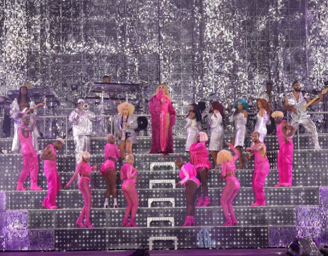 Beyoncé and her dancers performing in Ivy Park during the Renaissance Tour. <em>Photo by Kevin Mazur/WireImage for Parkwood</em>.