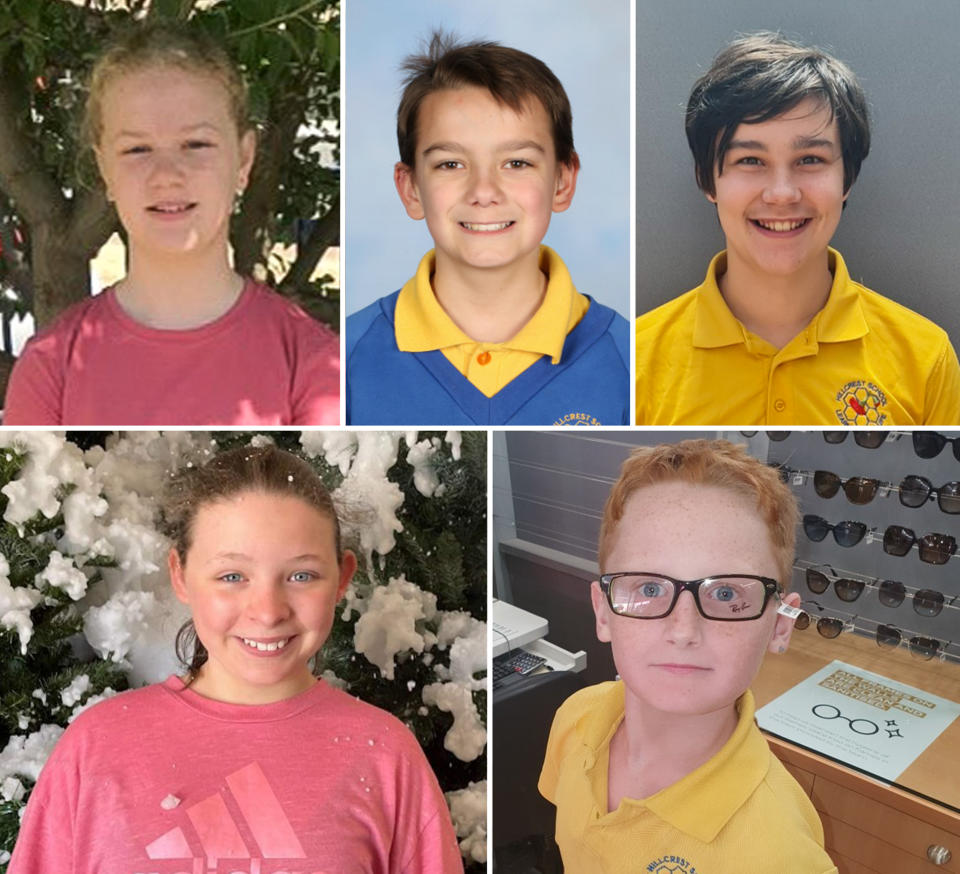 From left to right, Addison Stewart, 11, Jye Sheehan, 12, Zane Mellor, 12, Jalailah Jayne-Marie Jones, 12, and Peter Dodt, 12, had already been identified by police, with permission from their families, as tragically killed in the jumping castle accident. Source: AAP