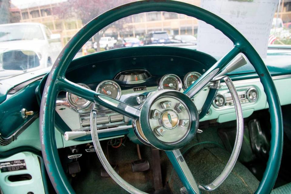 The push-button transmission was designed into the steering column of this late 1950s Ford Edsel model.