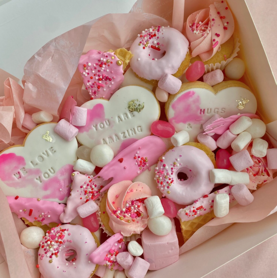 personalised dessert box with cookies, cupcakes and doughnuts 