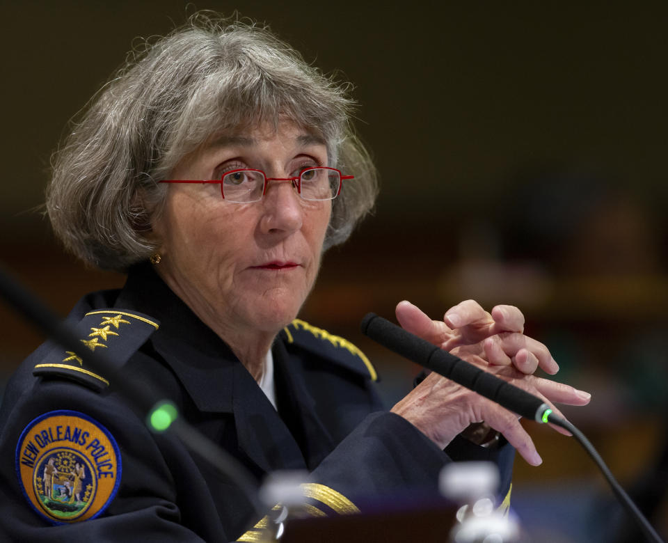 Interim NOPD Superintendent Anne Kirkpatrick talks with members of the New Orleans City Council during her confirmation hearing at city hall in New Orleans, Wednesday, Oct. 11, 2023. Kirkpatrick says conditions at the department's aging headquarters are so deplorable that officers work amid heavy mold, cockroaches and even rats munching on contraband in the evidence locker. Police Superintendent Anne Kirkpatrick told city council members the infestation is so bad that "the rats eating our marijuana, they're all high.” (David Grunfeld/The Times-Picayune/The New Orleans Advocate via AP)