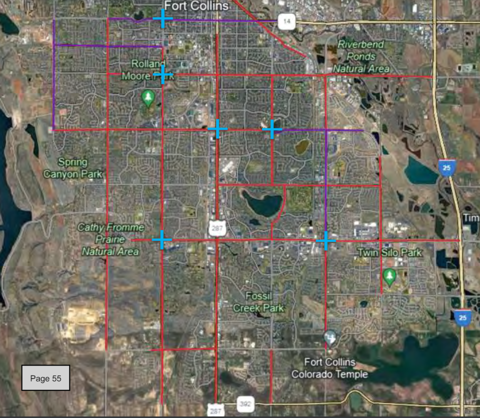 The roadways highlighted in red, purple and blue are part of designated speed corridors in Fort Collins, where police can use unmanned photo enforcement systems to issue citations for speeding 11 mph or more over the posted limit.