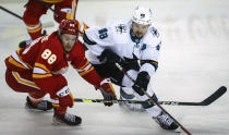 San Jose Sharks' Tomas Hertl, right, chases the puck with Calgary Flames' Andrew Mangiapane during the first period of an NHL hockey game, Tuesday, Nov. 9, 2021 in Calgary, Alberta. (Jeff McIntosh/The Canadian Press via AP)