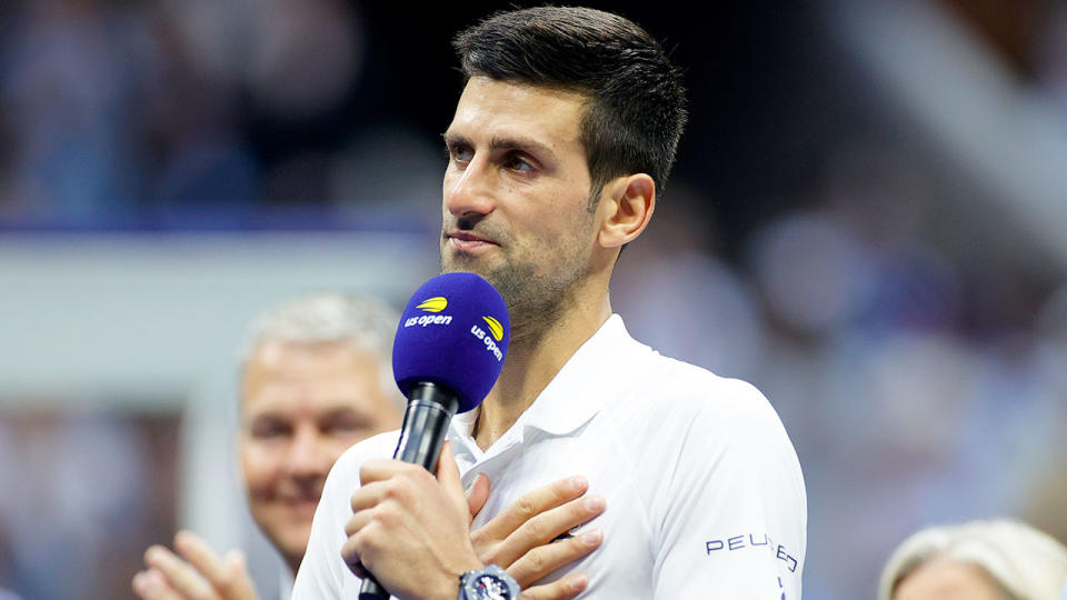 Pictured here, Novak Djokovic chokes back tears during his runner-up speech at the US Open. 