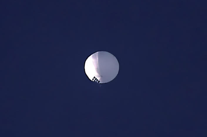 A high altitude balloon floats over Billings, Mont., on Feb. 1, 2023.  (Larry Mayer / The Billings Gazette via AP)