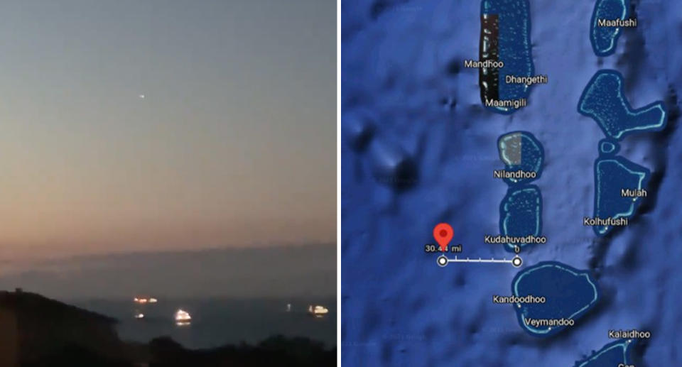 Video was captured of a fiery object travelling through the sky (left) before the debris was reported to have landed, dangerously close to the Maldives (right). Source: Twitter/Google Maps