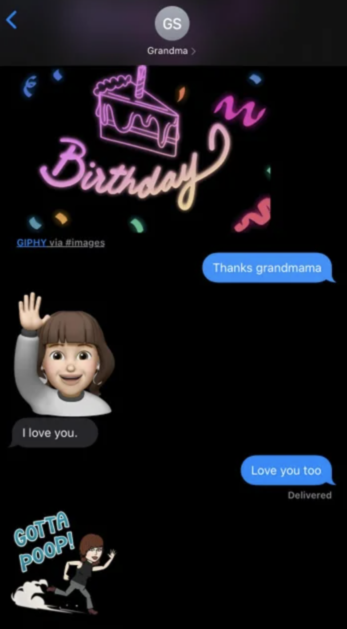 grandma sends a bitmoji that says gotta poop