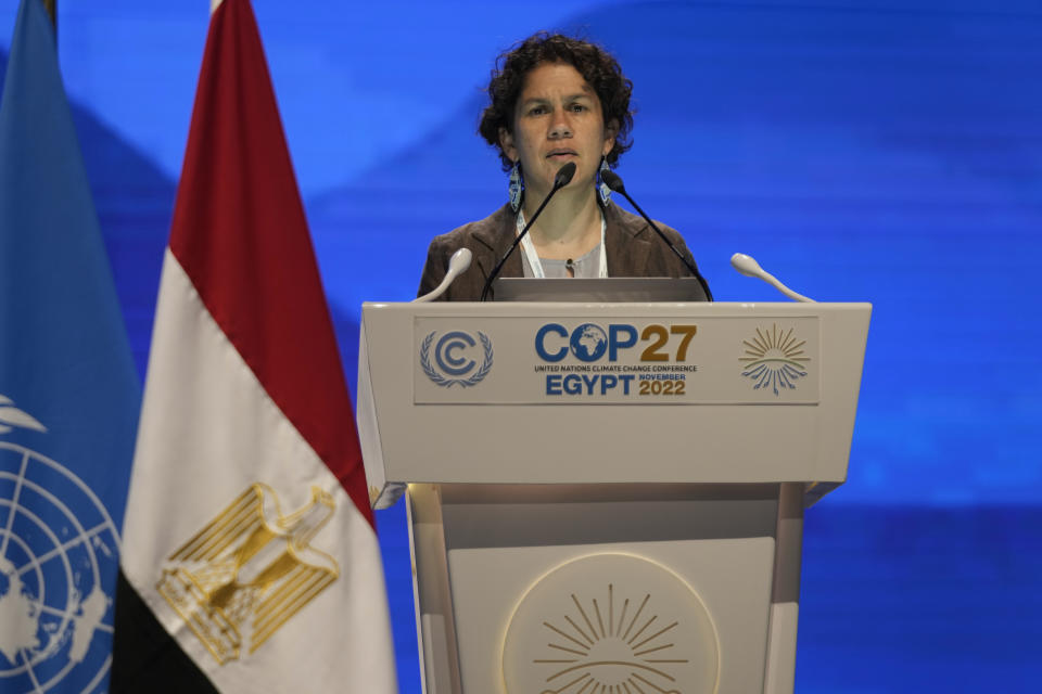 Maria Rojas, minister of environment of Chile, speaks at the COP27 U.N. Climate Summit, Tuesday, Nov. 15, 2022, in Sharm el-Sheikh, Egypt. (AP Photo/Peter Dejong)