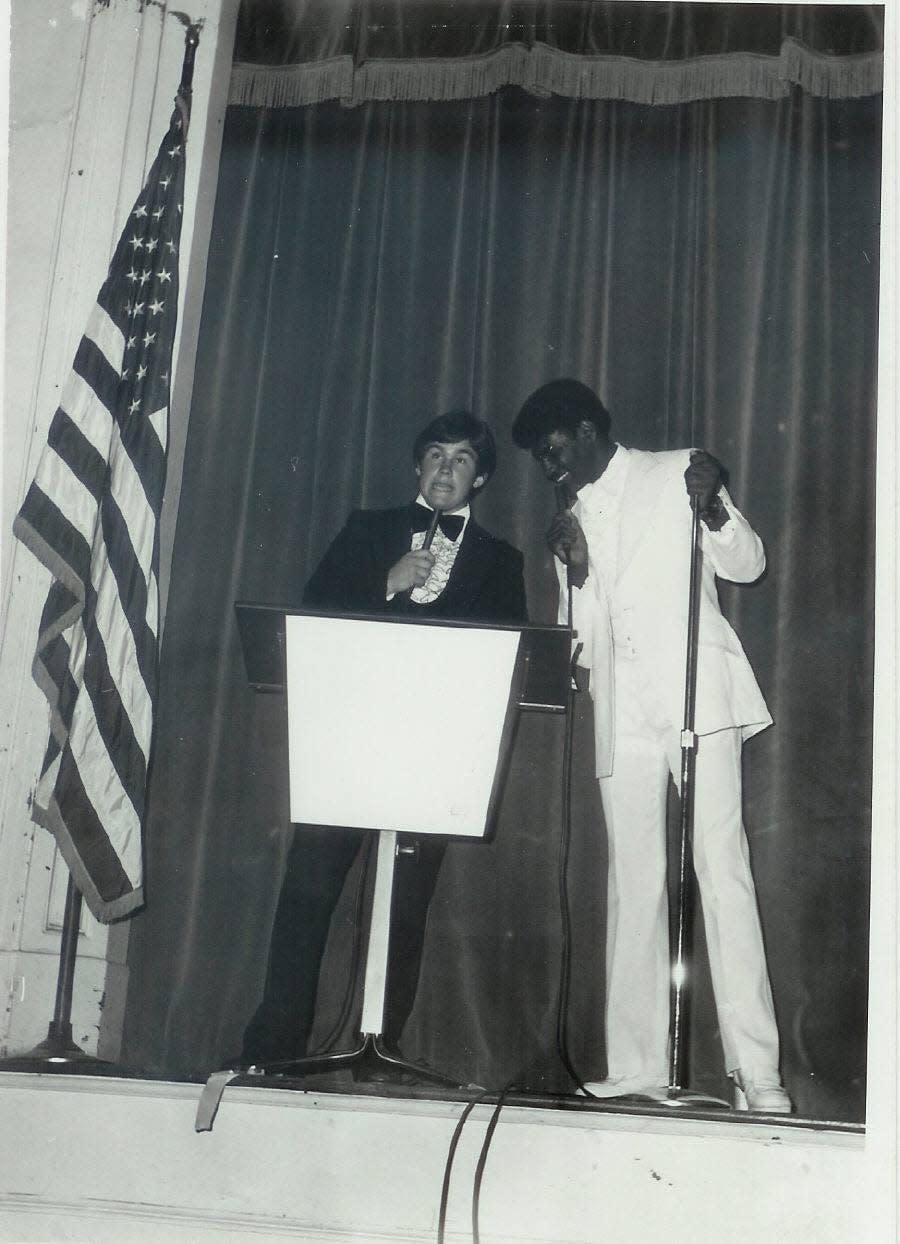 Milton Wynn, left, and Melvin Wooden share the emcee duties at the 1977 Junior Revue in Marianna.