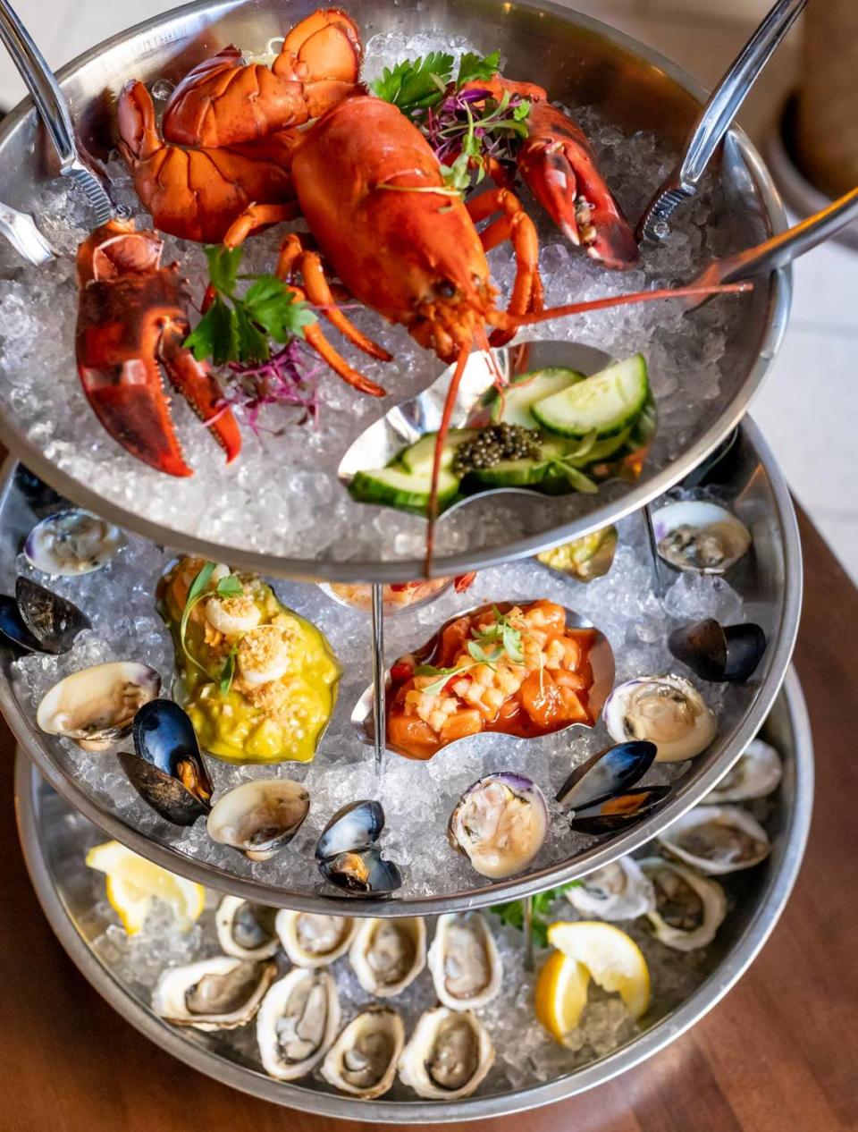 The Truist Tower at Sea Level includes a chef’s selection of 24 oysters, 12 mussels, 10 raw clams, shrimp cocktail, seasonal ceviche, salmon poke, Maine lobster and Marshallburg Farm caviar.
