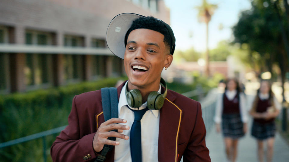 Jabari Banks takes over from Will Smith's famous 1990s role in new reboot series 'Bel-Air'. (Peacock/Sky)