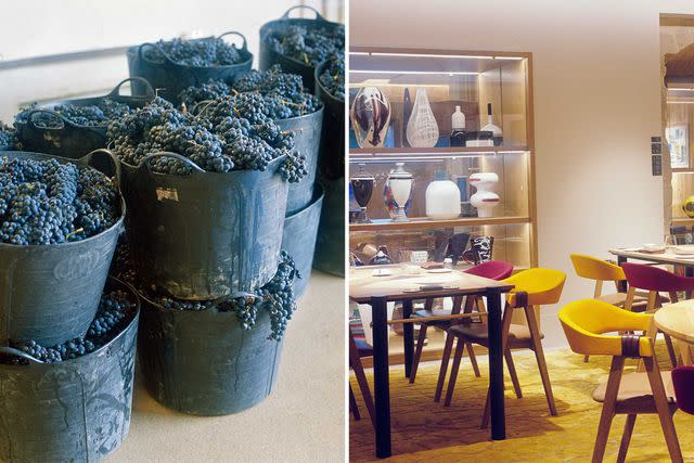 <p>Gregori Civera</p> From left: Freshly harvested Tempranillo grapes at Abel Mendoza winery, in San Vicente de la Sonsierra; the restaurant Tierra y Vino, at Palacio de Samaniego, a boutique hotel in Samaniego.